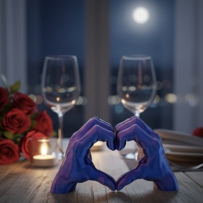 Escultura de mãos azuis formando um coração numa mesa com flores, velas e taças à noite