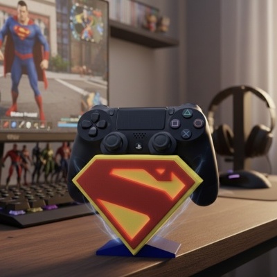 Comando PlayStation preto em suporte do logótipo do Superman vermelho e amarelo na secretária de madeira