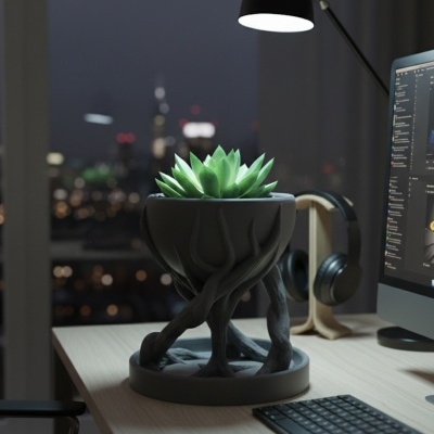 Vaso decorativo cinzento com planta suculenta verde num escritório moderno