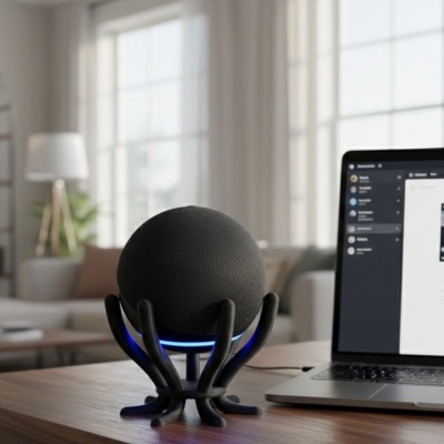 Coluna de som esférica preta em suporte com garras ao lado de portátil numa secretária de madeira