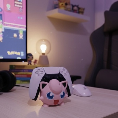 Suporte de comando PlayStation com boneco Jigglypuff rosa numa mesa com acessórios de gaming