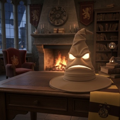Chapéu de feiticeiro iluminado numa mesa de madeira com cachecol e lareira ao fundo