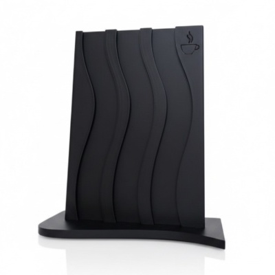 Suporte de corte preto com ranhuras curvas e ícone de café