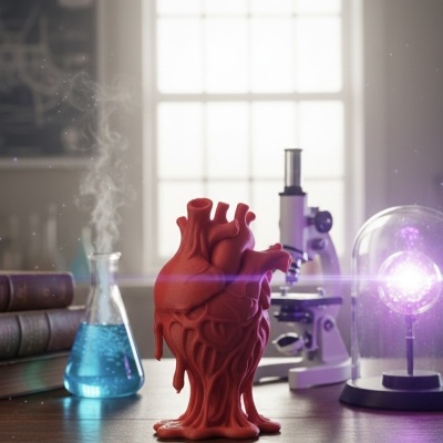 Figura 3D de coração humano vermelho na mesa com equipamento científico ao fundo