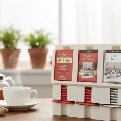 Doseador de chá com saquetas Twinings e Ahmad Tea em ambiente de cozinha