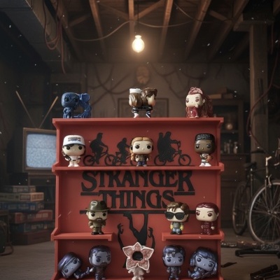 Expositor vermelho com figuras Funko Pop da série Stranger Things