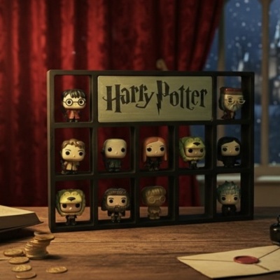 Conjunto de bonecos colecionáveis Funko Pop Harry Potter numa estrutura preta com objeto de escrita e moedas numa mesa de madeira