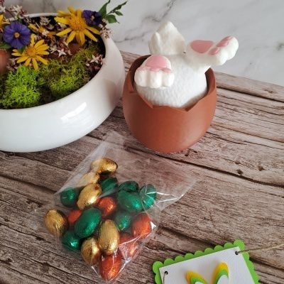 Coelho em cerâmica saindo de ovo castanho com chocolates coloridos e vaso branco com flores
