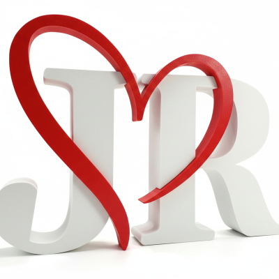 Letras decorativas J e R brancas com coração vermelho