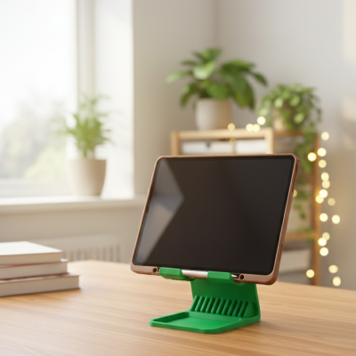 Suporte verde para tablet numa mesa de madeira com plantas ao fundo