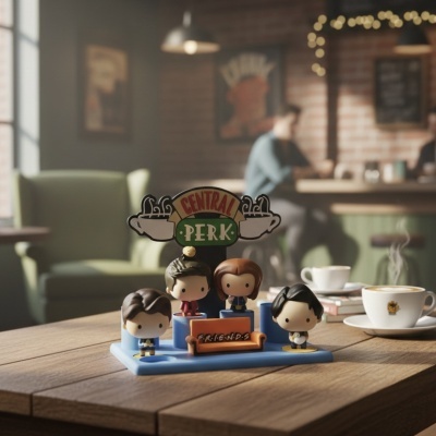 Miniaturas de personagens da série Friends com base azul e letreiro Central Perk numa mesa de café