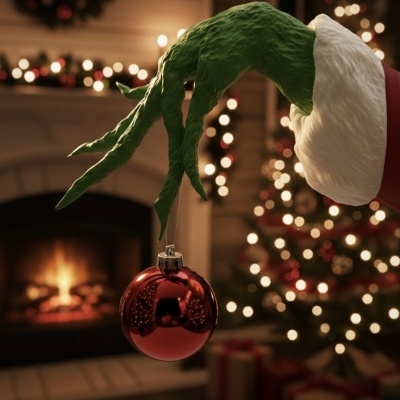 Mão verde segurando bola vermelha brilhante com lareira e árvore de Natal ao fundo