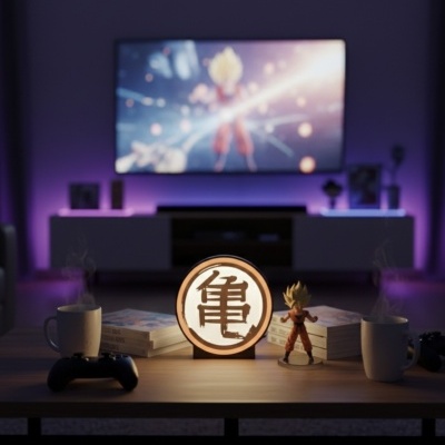 Mesa com canecas, comandos, livros, figura de Goku e luminária com símbolo asiático, televisão ao fundo com luz roxa