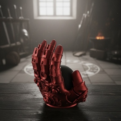 Luva de armadura vermelha metálica com detalhes mecânicos sobre mesa de madeira escura em ambiente de forja