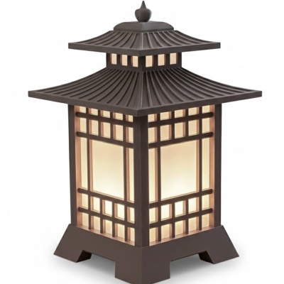 Luminária decorativa quadrada em metal castanho com luz interna suave e design oriental