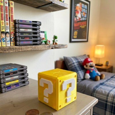 Cubo amarelo com pontos de interrogação brancos sobre mesa com moedas e estante com jogos retro e manga, sofá com boneco Mario e quadro Mario na parede