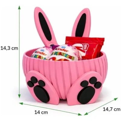 Cesto decorativo rosa em forma de coelho com ovos Kinder Surprise
