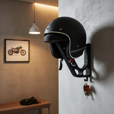 Capacete de motociclista preto fosco pendurado num suporte de parede