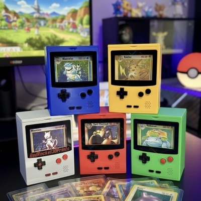 Mini consoles vintage coloridos com cartas de Pokémon visíveis nos ecrãs