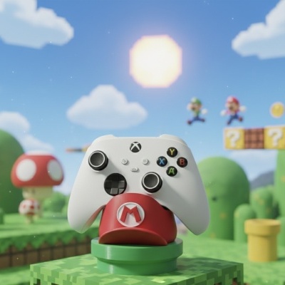Comando Xbox branco sobre suporte vermelho com M em cenário Super Mario colorido