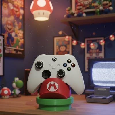Comando Xbox branco com base verde e chapéu vermelho M em ambiente Super Mario