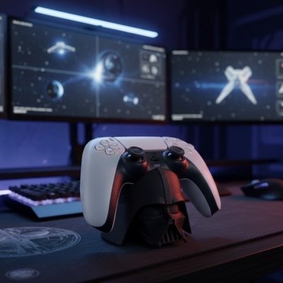 Suporte de comando Darth Vader e três ecrãs com imagens espaciais em ambiente de jogos