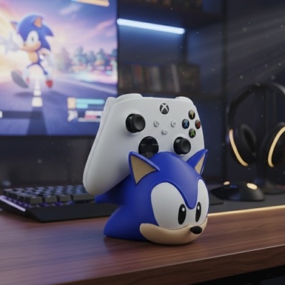 Suporte comando Xbox forma Sonic azul numa secretária com teclado, auscultadores e monitor ao fundo