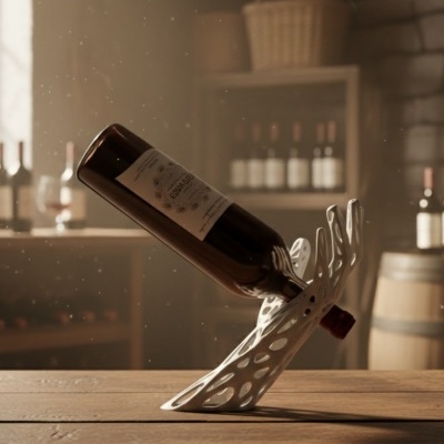 Suporte cerâmico branco para garrafa de vinho numa mesa de madeira