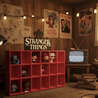 Expositor vermelho com bonecos colecionáveis e placa Stranger Things em quarto vintage com bordo de madeira e televisão antiga