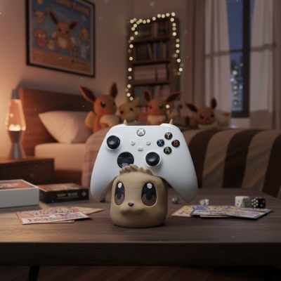 Suporte para comando Xbox em forma de personagem numa mesa com cartões e dados em quarto decorado com peluches Pikachu