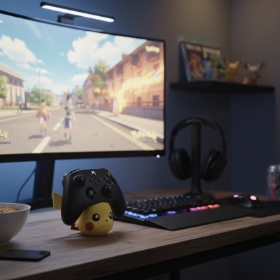 Secretária com monitor de jogo, teclado colorido, comando Xbox em suportes de Pikachu, auscultadores e outros objetos.