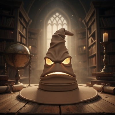 Chapéu com olhos e boca iluminados numa biblioteca antiga