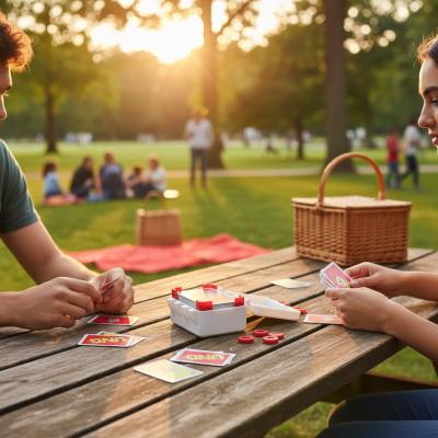 Jogo de cartas UNO numa mesa de madeira ao ar livre com um cesto de piquenique