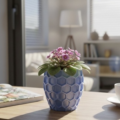 Vaso azul com padrão hexagonal e planta com flores cor-de-rosa numa mesa de madeira