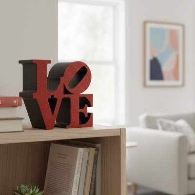 Estatueta LOVE preta e vermelha com glitter numa estante de madeira com livros e uma planta suculenta.