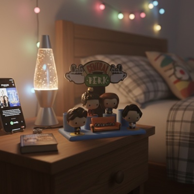 Miniaturas de personagens da série Friends em suporte azul com placa Central Perk, sobre mesa ao lado de candeeiro lava e cama xadrez.