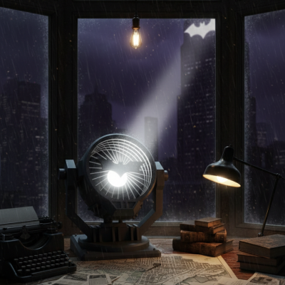 Luz de busca com símbolo de morcego e mesa com máquina de escrever, mapas e candeeiro em ambiente noturno