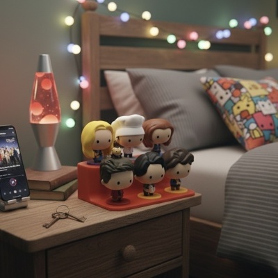 Mesa de cabeceira com lava lamp, figuras colecionáveis e smartphone ao lado de cama com almofada colorida e luzes de fada