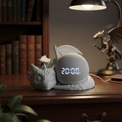 Relógio digital em forma esférica com visor LED, apoiado numa base decorativa de dragão cinzento sobre secretária de madeira