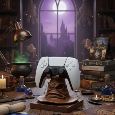 Comando branco e preto sobre base de chapéu de feiticeiro numa mesa de madeira com livros e velas