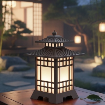 Lanterna decorativa asiática iluminada sobre mesa de madeira em jardim à noite