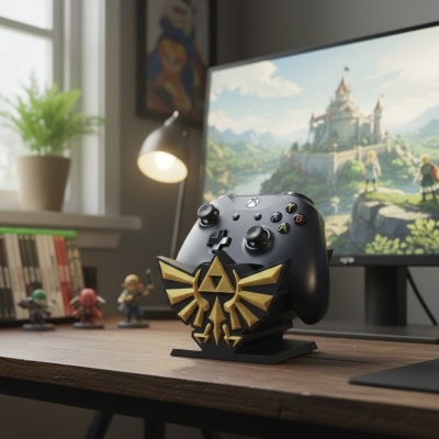 Comando Xbox preto num suporte com símbolo dourado do Triângulo Triforce e águia em secretária com monitor de videojogo ao fundo.
