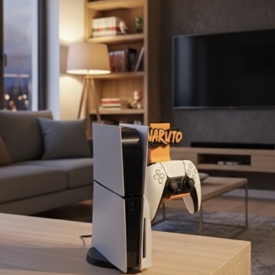 Console PlayStation 5 com comando branco e suporte NARUTO numa mesa de madeira numa sala moderna