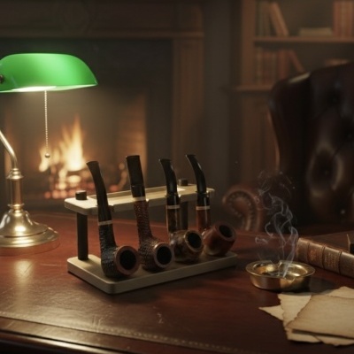 Suporte com quatro cachimbos de madeira numa secretária em madeira castanha junto a lâmpada verde e cinzeiro com fumo.