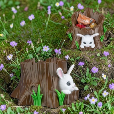 Caixas tronco com coelhos brancos a espreitar, decoradas com plantas verdes, sobre musgo e flores.