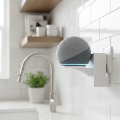 Coluna sonora inteligente esférica cinza com luz azul na parede da cozinha