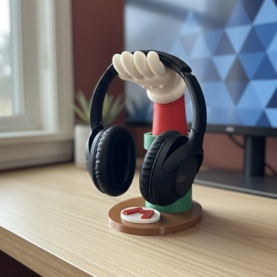 Auscultadores pretos num suporte de mão colorido numa mesa de madeira