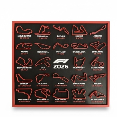 Quadro com circuitos de corridas F1 2026 em preto e vermelho