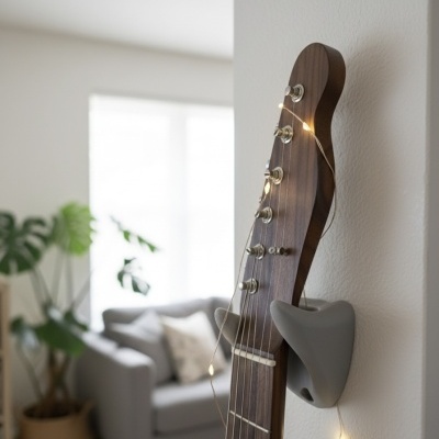 Cabeçote de guitarra clássica em madeira castanha escura montado na parede com suporte cinzento e luzes LED envoltas