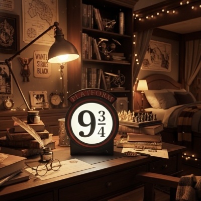 Placa decorativa na secretária com texto Platform 9 3/4 em quarto aconchegante